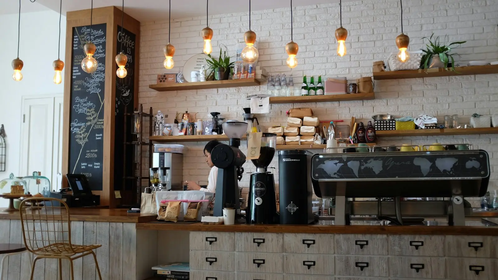 The café counter with pendant lights